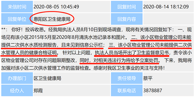 二次供水管理问题，区卫健局给予行政处罚